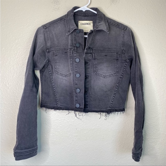 L'Agence XS Grey Jean Jacket Lace Up Crop Denim Blazer Distressed Black Wash - Picture 14 of 16